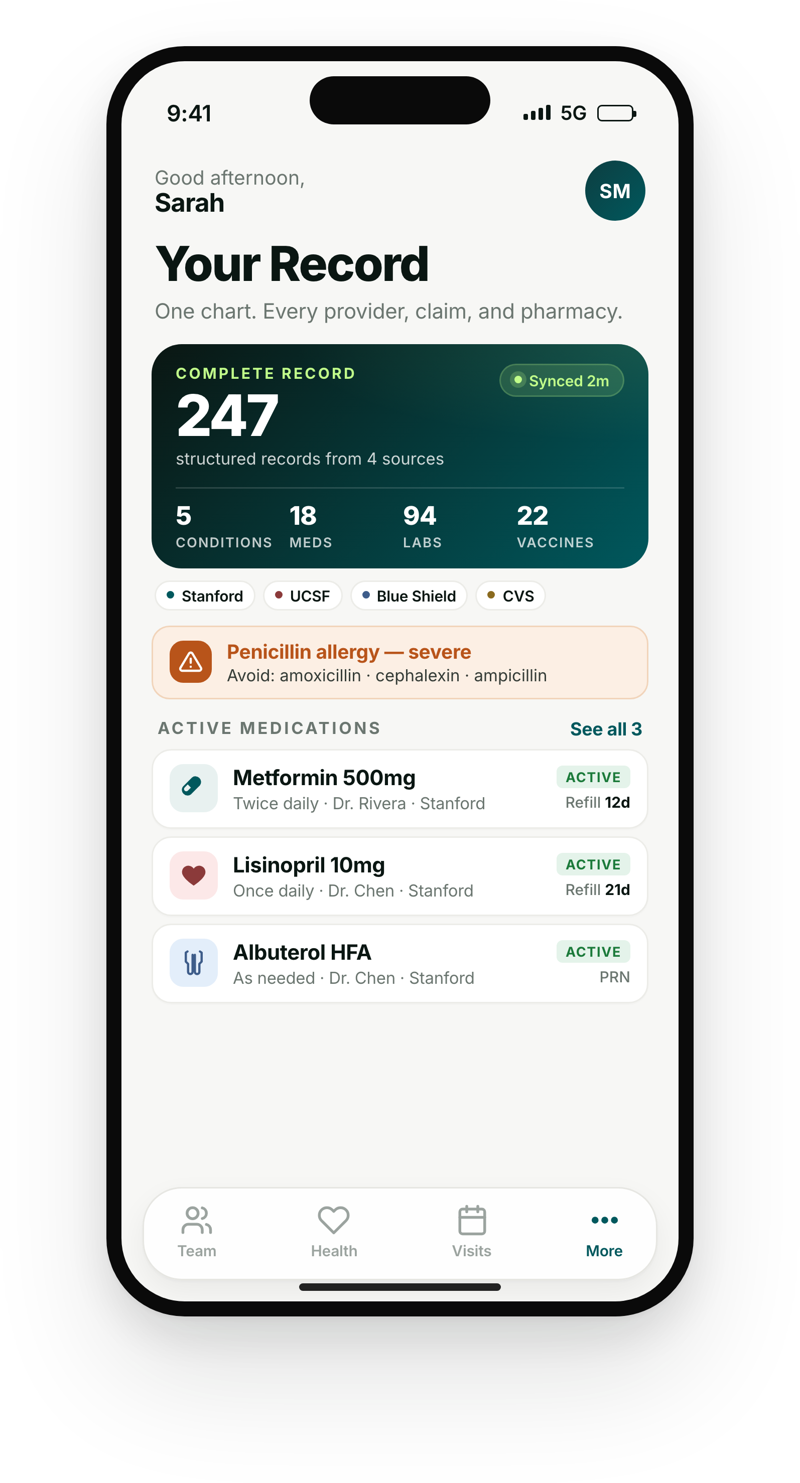 Health app showing medications, allergies, and lab results from TEFCA clinical documents powered by Flexpa