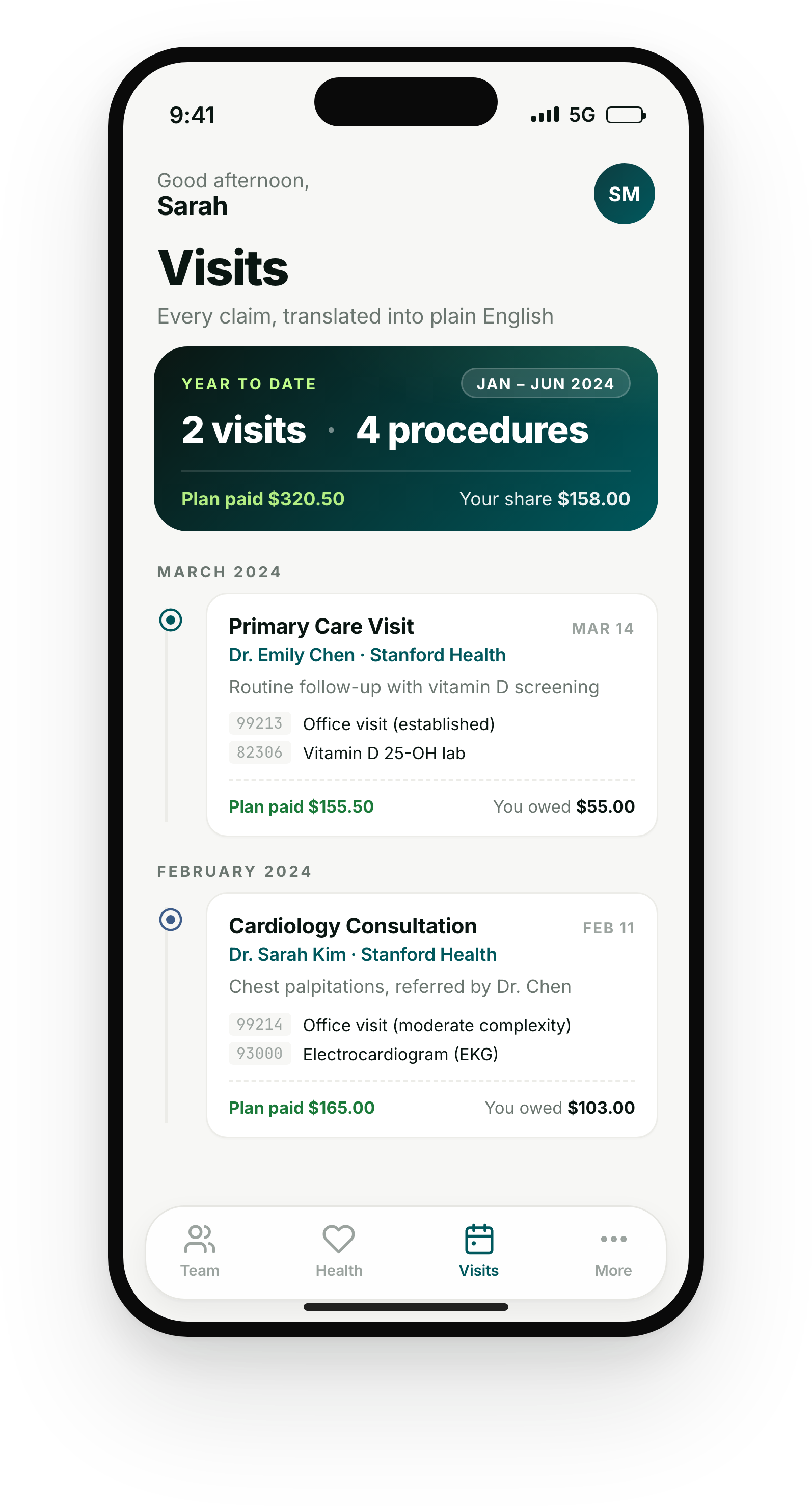 Health app showing chronological care timeline with visits, providers, reasons, and procedures powered by Flexpa