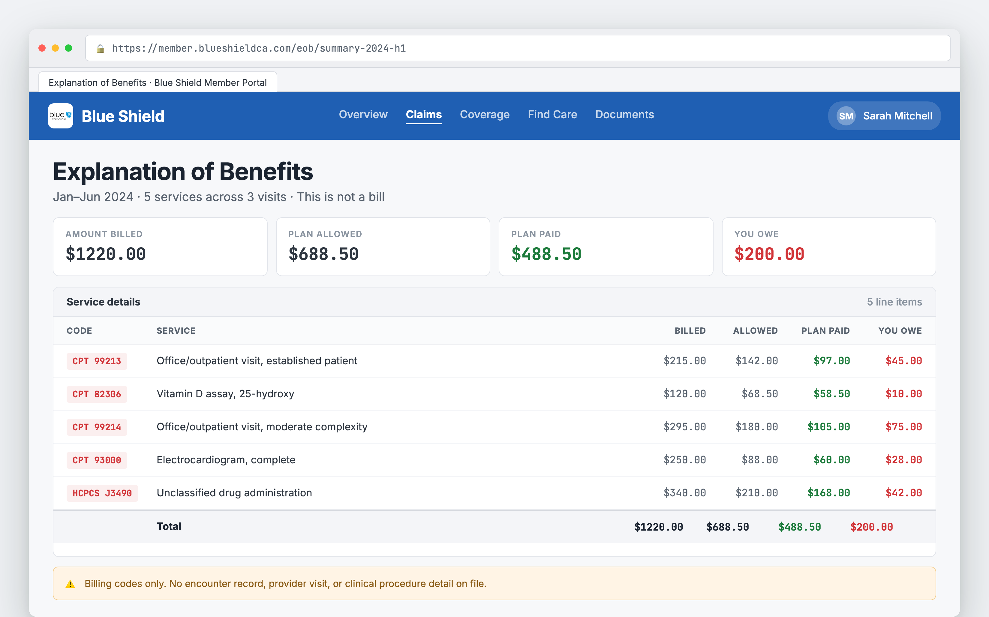Insurance portal showing claim history focused on billing amounts and copays