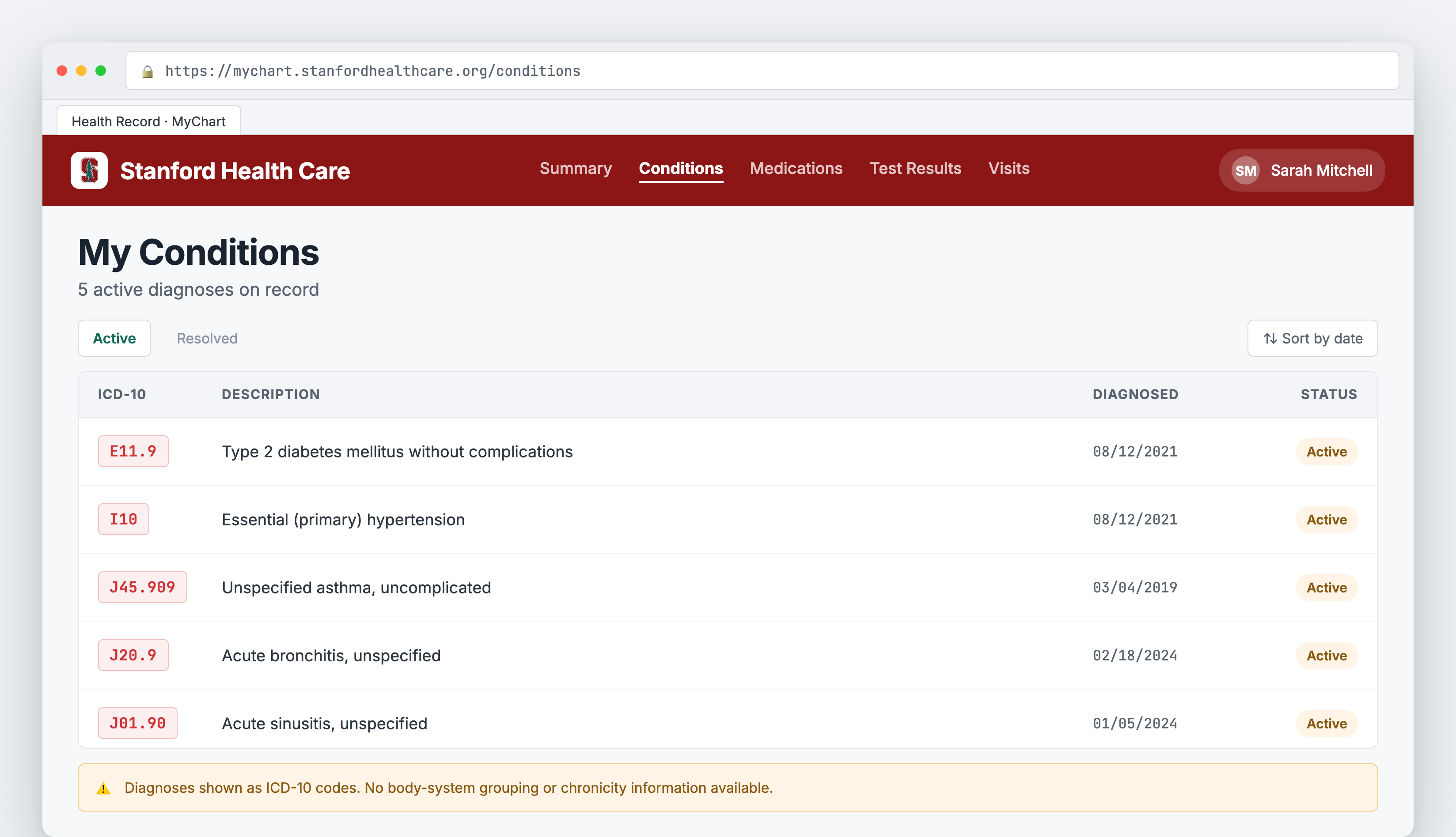 Insurance portal showing health conditions as cryptic ICD-10 codes