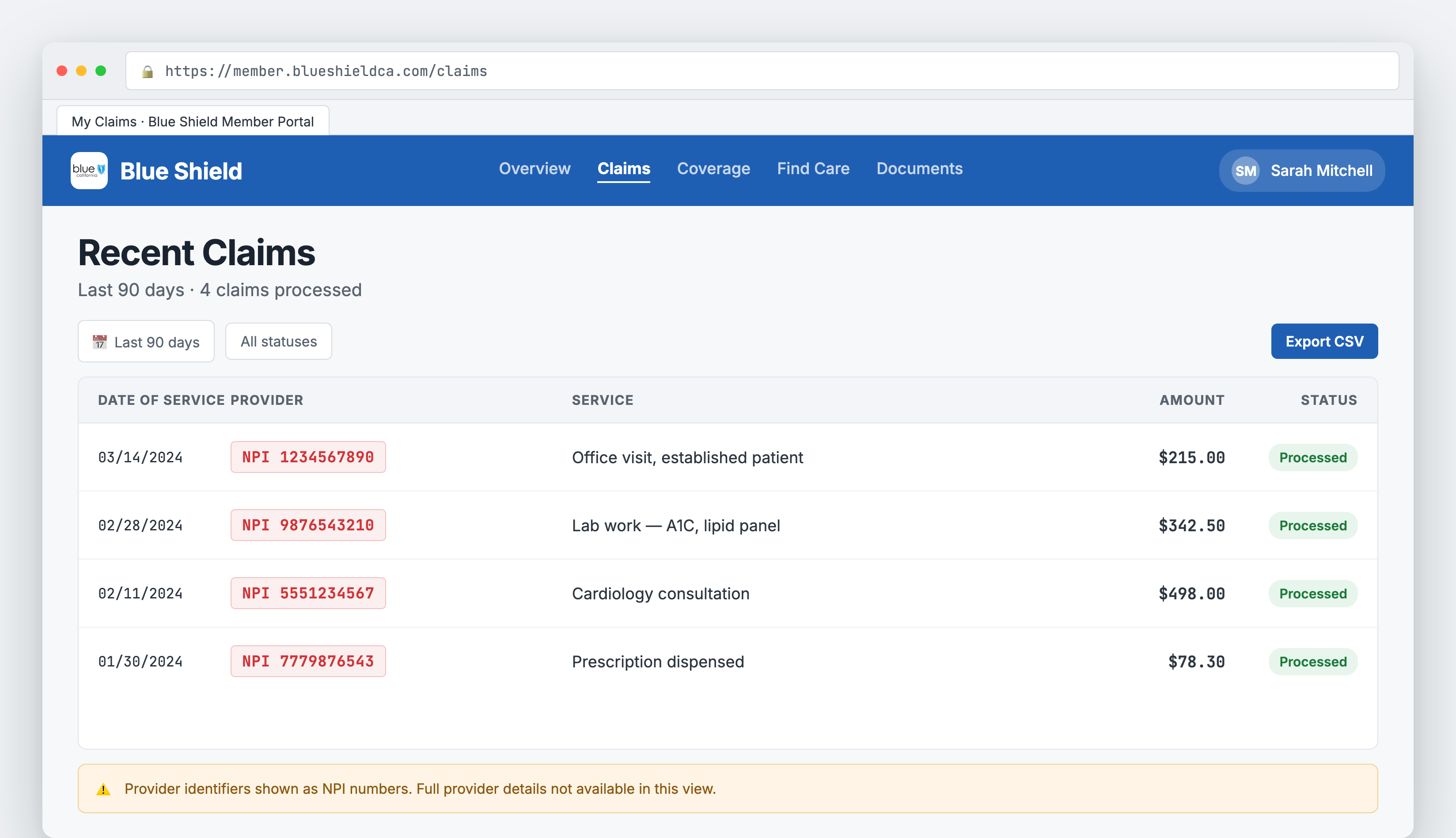Insurance portal showing providers as meaningless NPI numbers